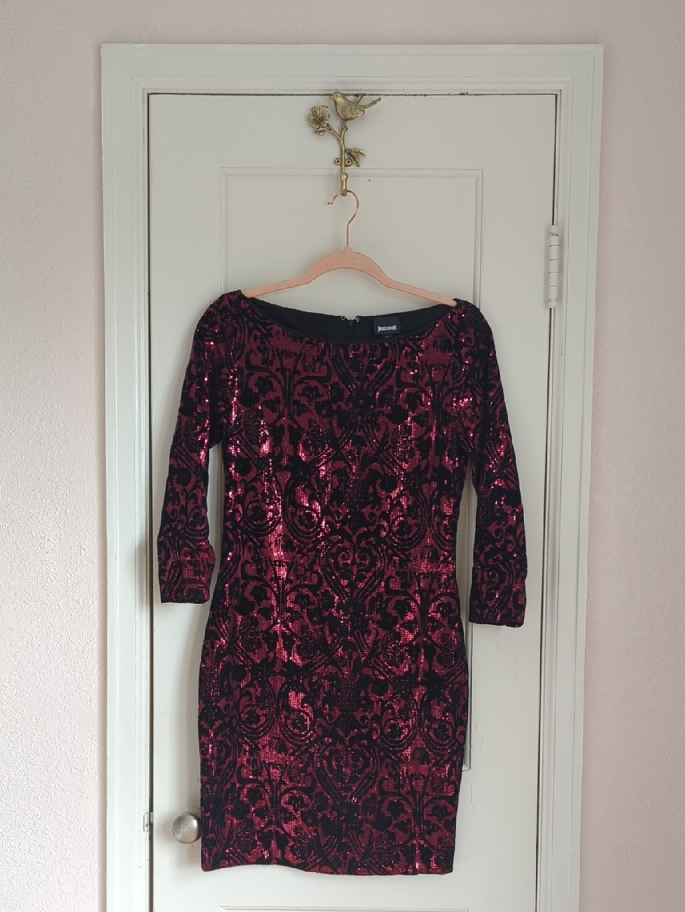 Just Cavalli Raspberry and Black Sequin Bodycon Mini Dress